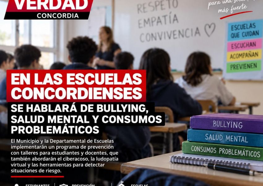 Bullying, salud mental y consumos problemáticos: llevarán talleres de prevención a escuelas de Concordia